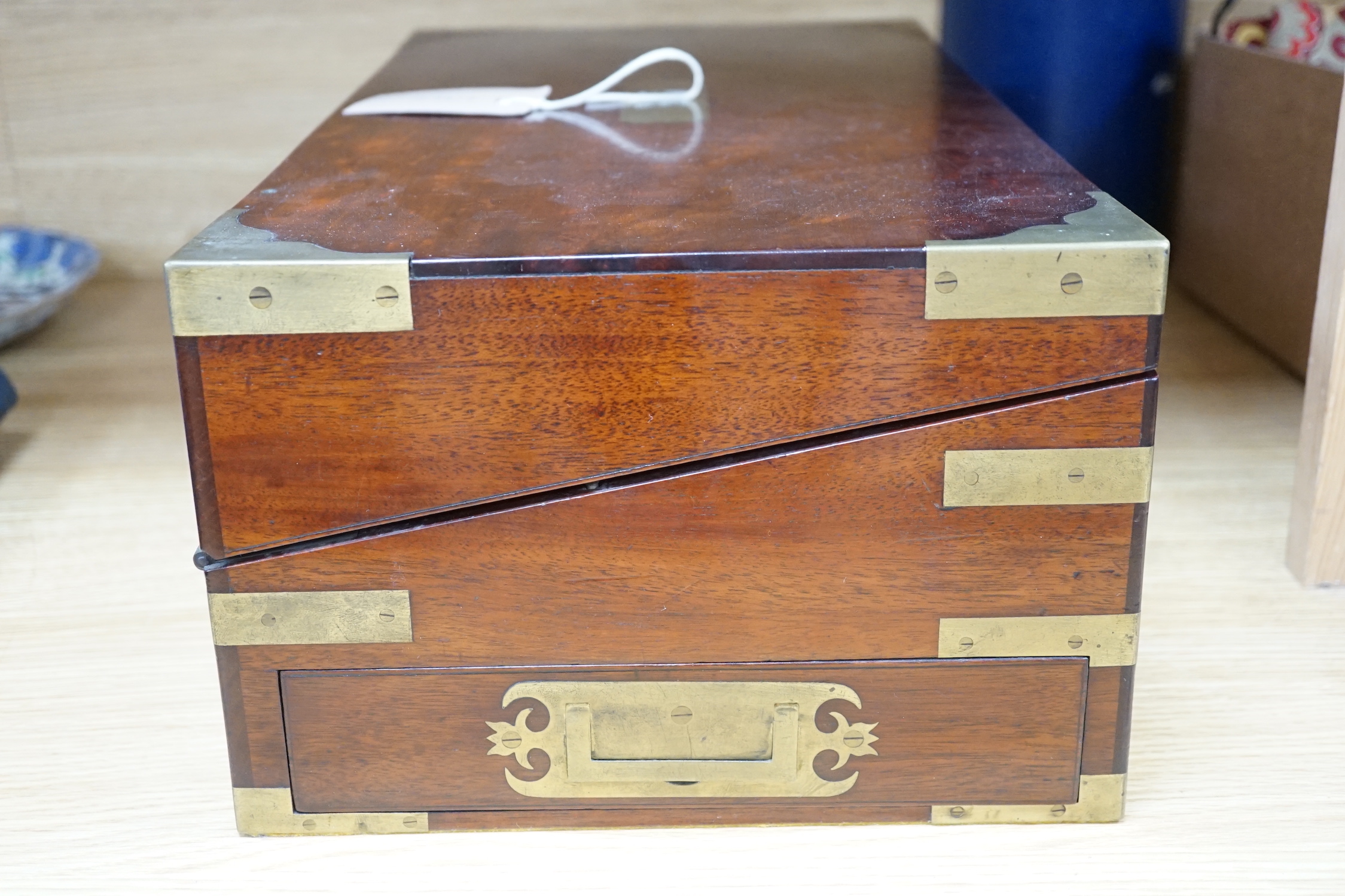 A Victorian brass bound mahogany writing slope, 45cm wide